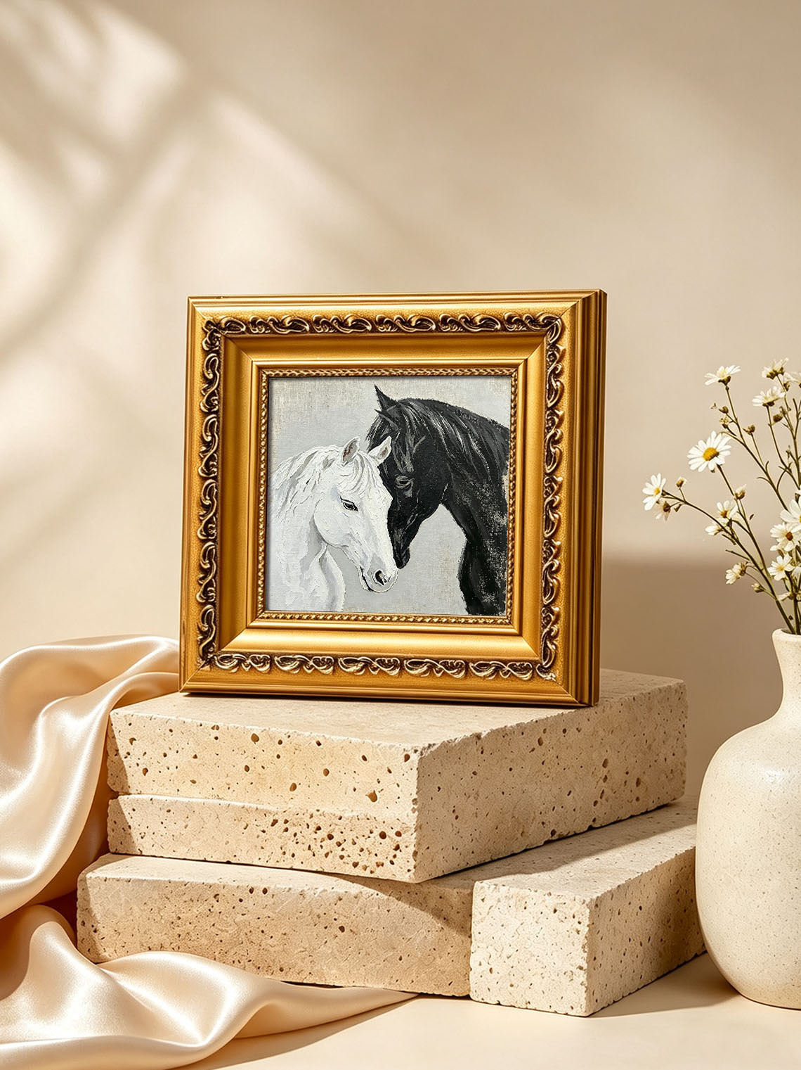 Two Horses Black White custom oil painting from photo, gift for friend, Size 4"×4"