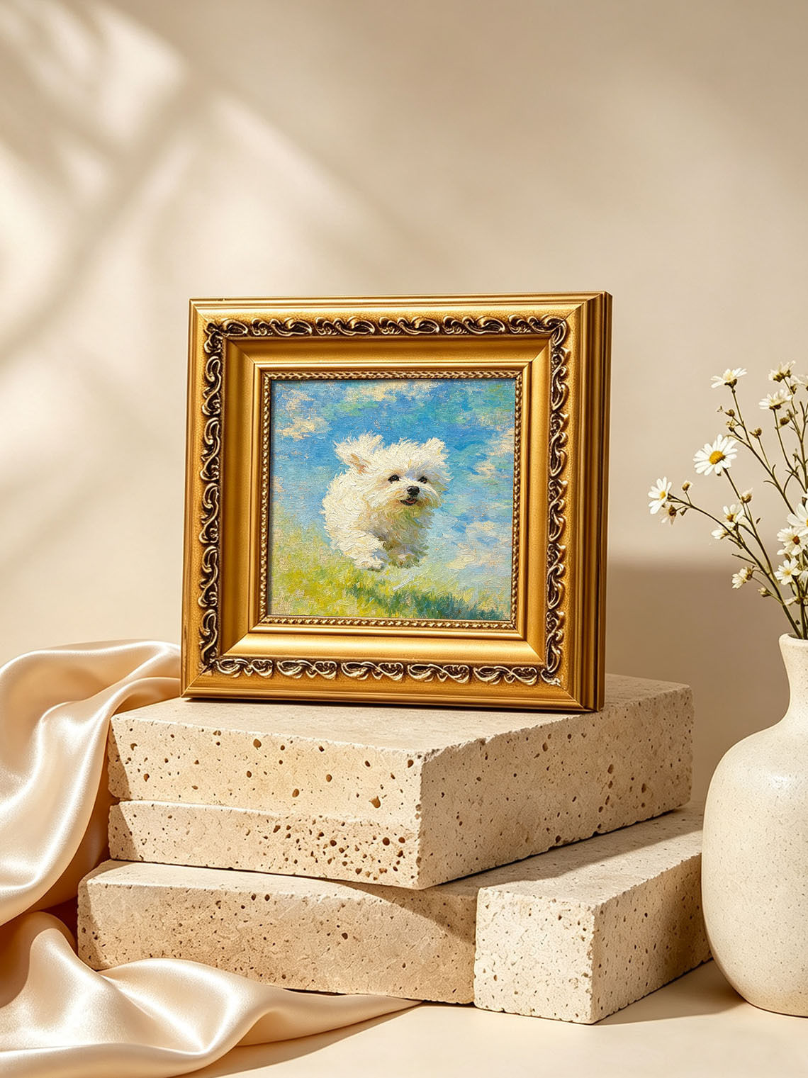 Running White Puppy custom oil painting from photo, gift for friend, Size 4"×4"