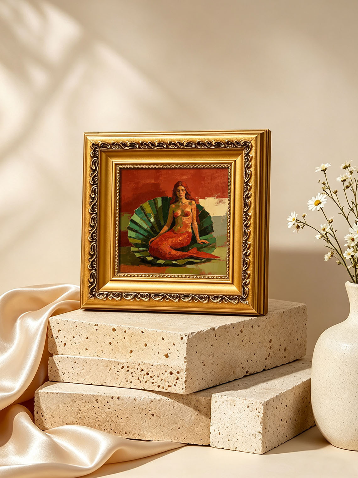 Mermaid On Giant Shell Hand Painted Artwork Wall Decor Custom oil painting from photo, Gift for friend，Size 4x4