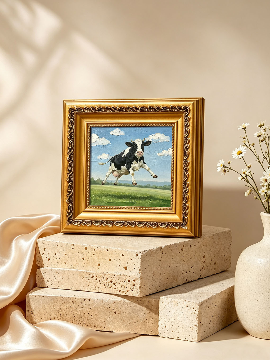 Jumping Farm Cow Hand Painted Wall Art Custom oil painting from photo, Gift for friend，Size 4x4