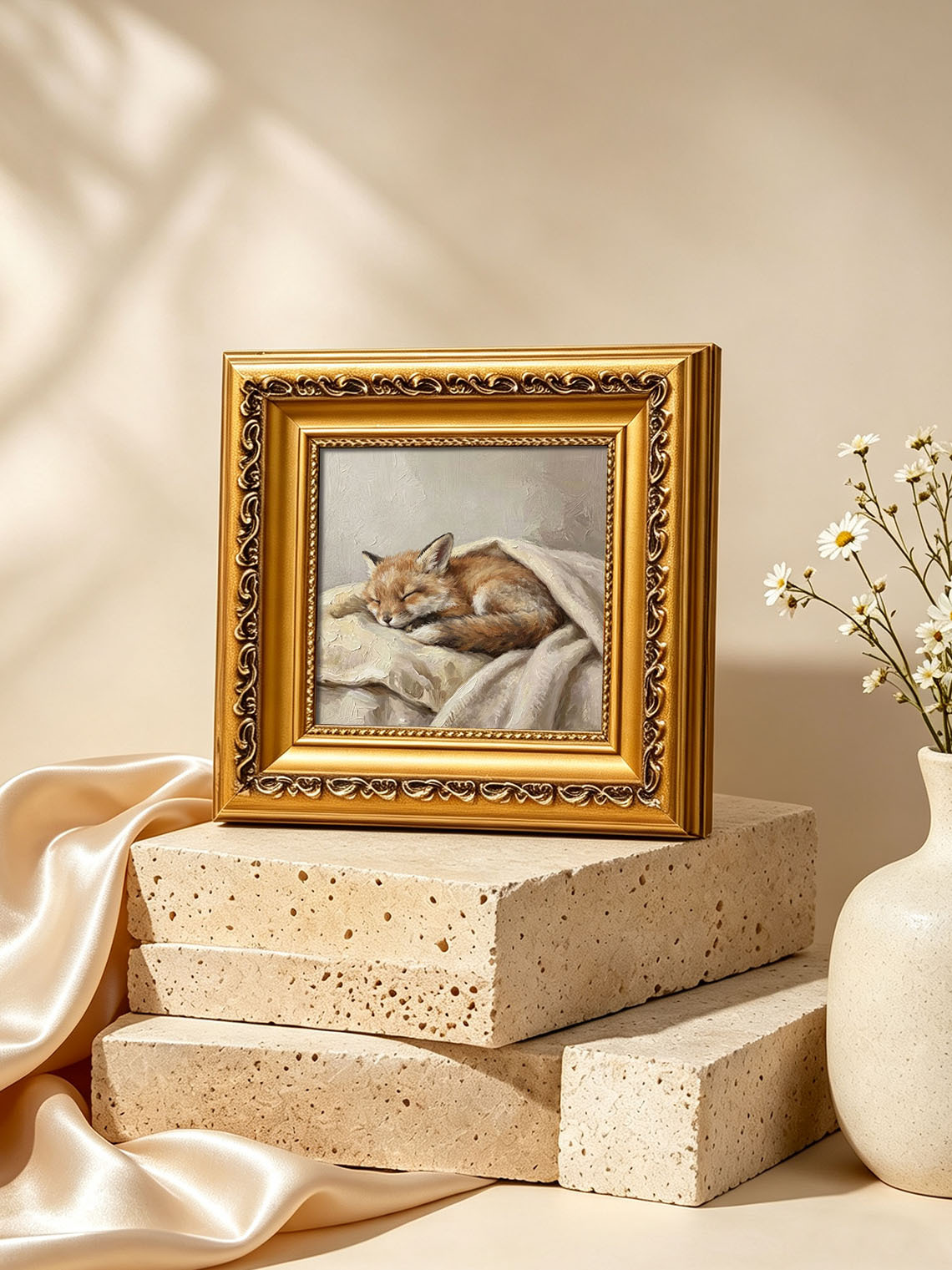 Sleeping Baby Fox Hand Painted Wall Art Custom oil painting from photo, Gift for friend，Size 4x4