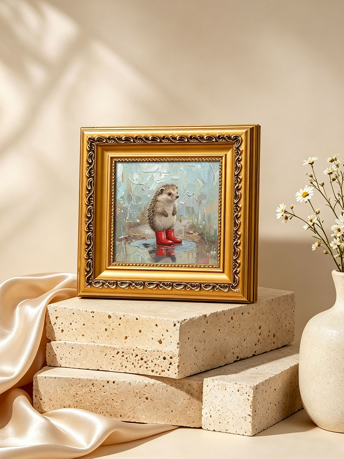 Cute Hedgehog In Red Rain Boots Hand Painted Wall Art Custom oil painting from photo, Gift for friend，Size 4x4