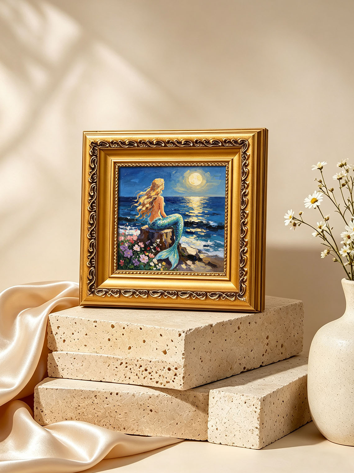 Moonlit Ocean Mermaid Hand Painted Wall Art Custom oil painting from photo, Gift for friend，Size 4x4