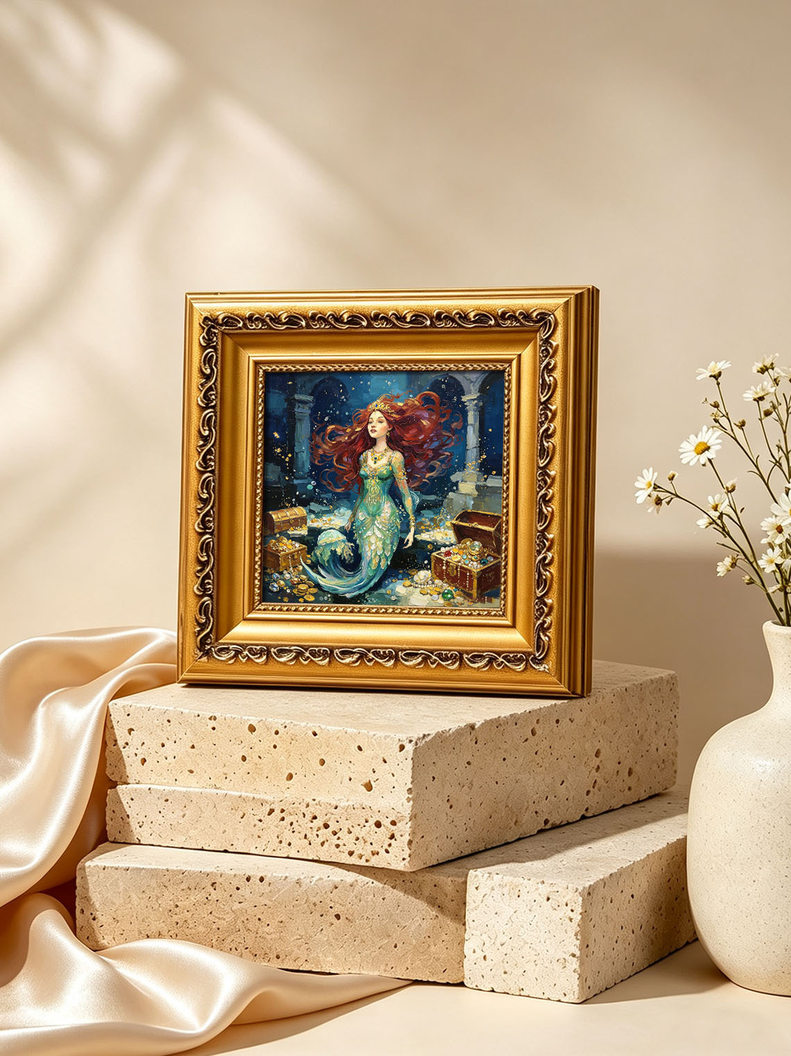 Red‑Haired Mermaid With Underwater Treasure Hand Painted Wall Art Custom oil painting from photo, Gift for friend，Size 4x4