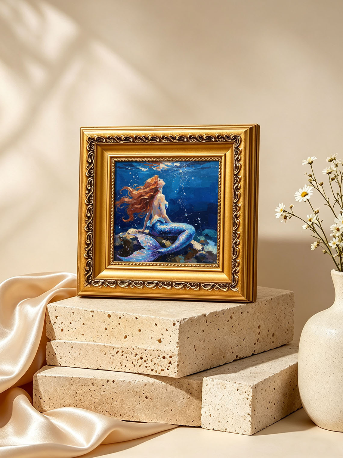 Underwater Red‑Haired Mermaid On Rocks Hand Painted Wall Art Custom oil painting from photo, Gift for friend，Size 4x4