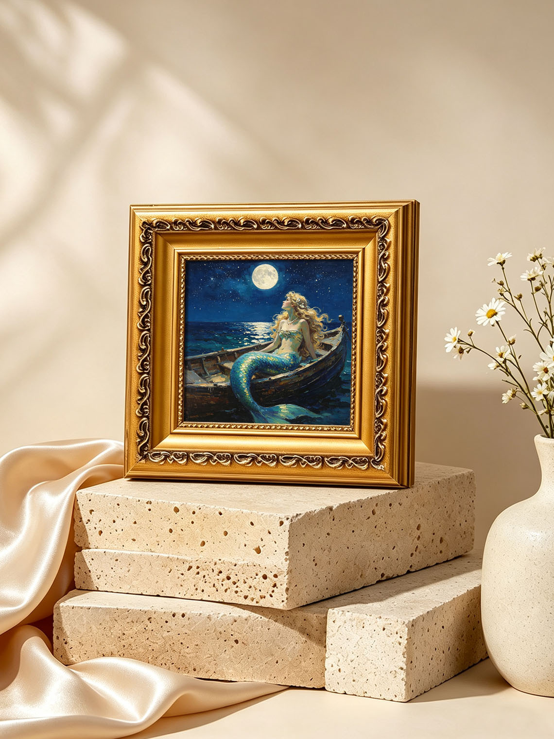 Moonlit Ocean Mermaid In Wooden Boat Hand Painted Wall Art Custom oil painting from photo, Gift for friend，Size 4x4