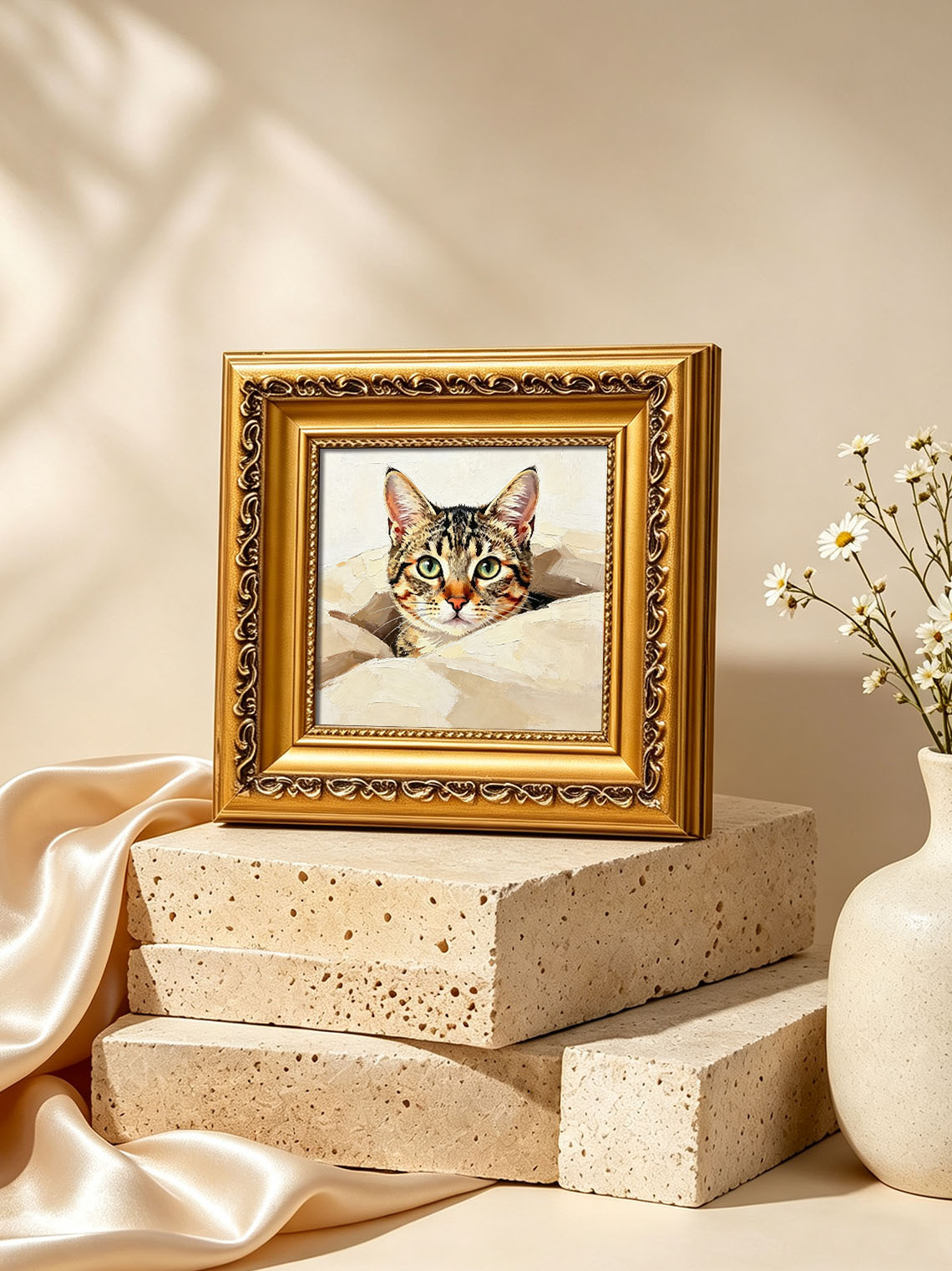 Curious Tabby Kitten Peeking From Paper Bag Hand Painted Wall Art Custom oil painting from photo, Gift for friend，Size 4x4