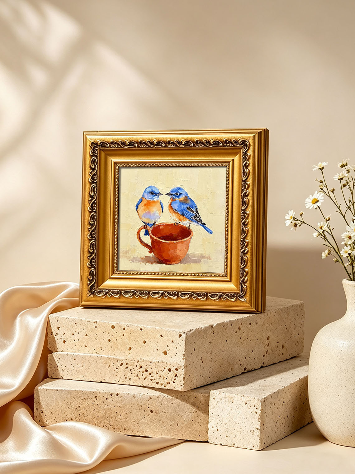 Two Sweet Bluebirds On Terracotta Teacup Hand Painted Wall Art Custom oil painting from photo, Gift for friend，Size 4x4