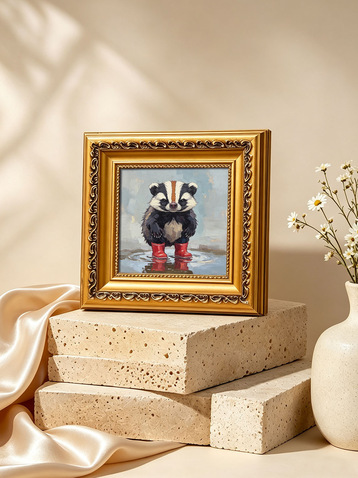 Cute Badger Wearing Red Rain Boots Standing In Puddle Hand Painted Wall Art Custom oil painting from photo, Gift for friend，Size 4x4