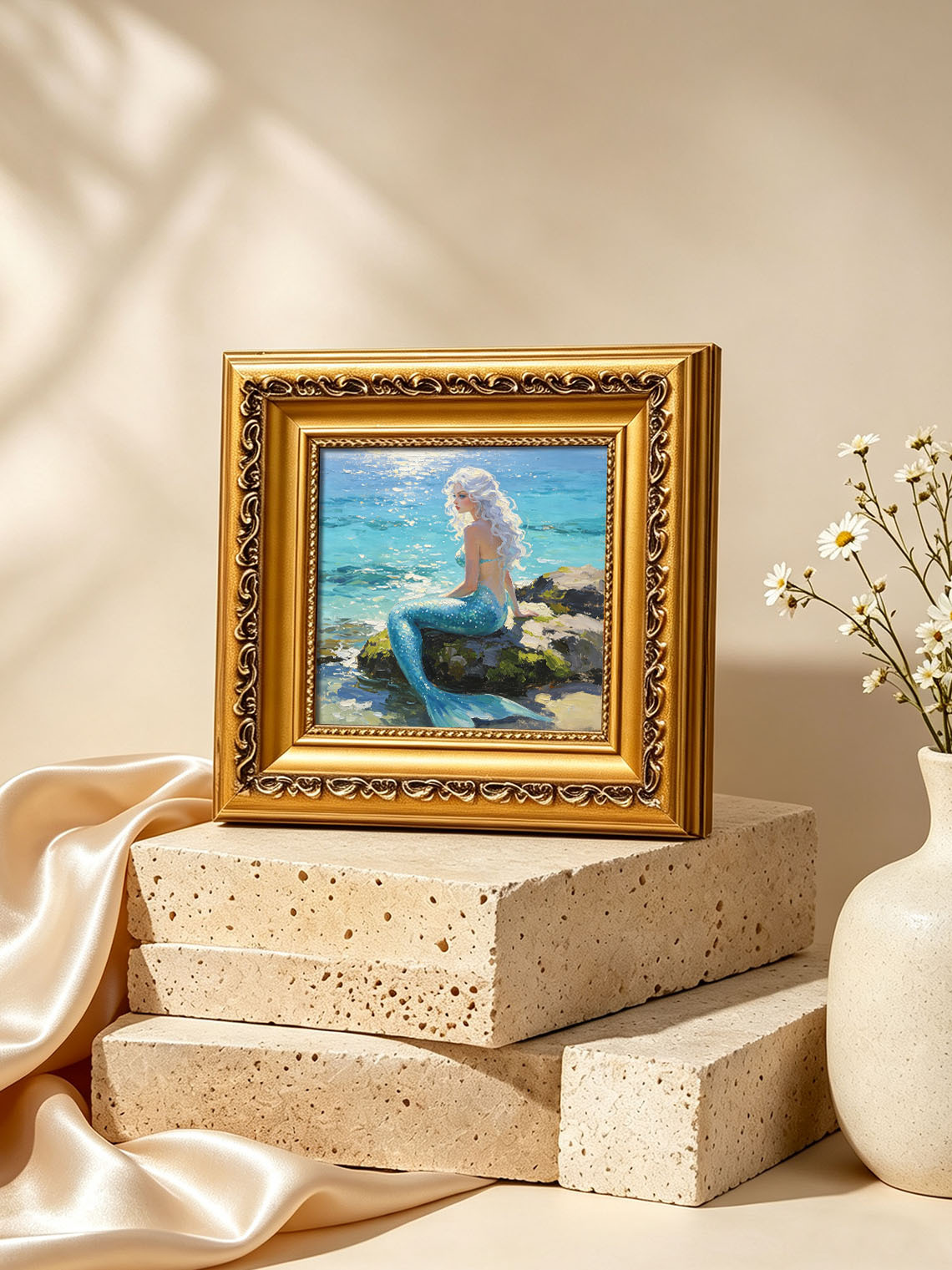 White‑Haired Mermaid Sitting On Coastal Rock By Sparkling Sea Hand Painted Wall Art Custom oil painting from photo, Gift for friend，Size 4x4
