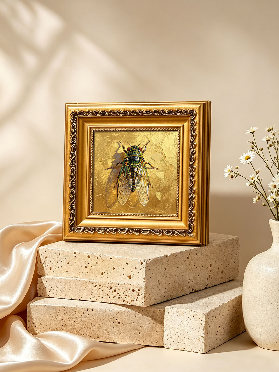 Detailed Cicada Insect Painting On Golden Textured Background Hand Painted Wall Art Custom oil painting from photo, Gift for friend，Size 4x4