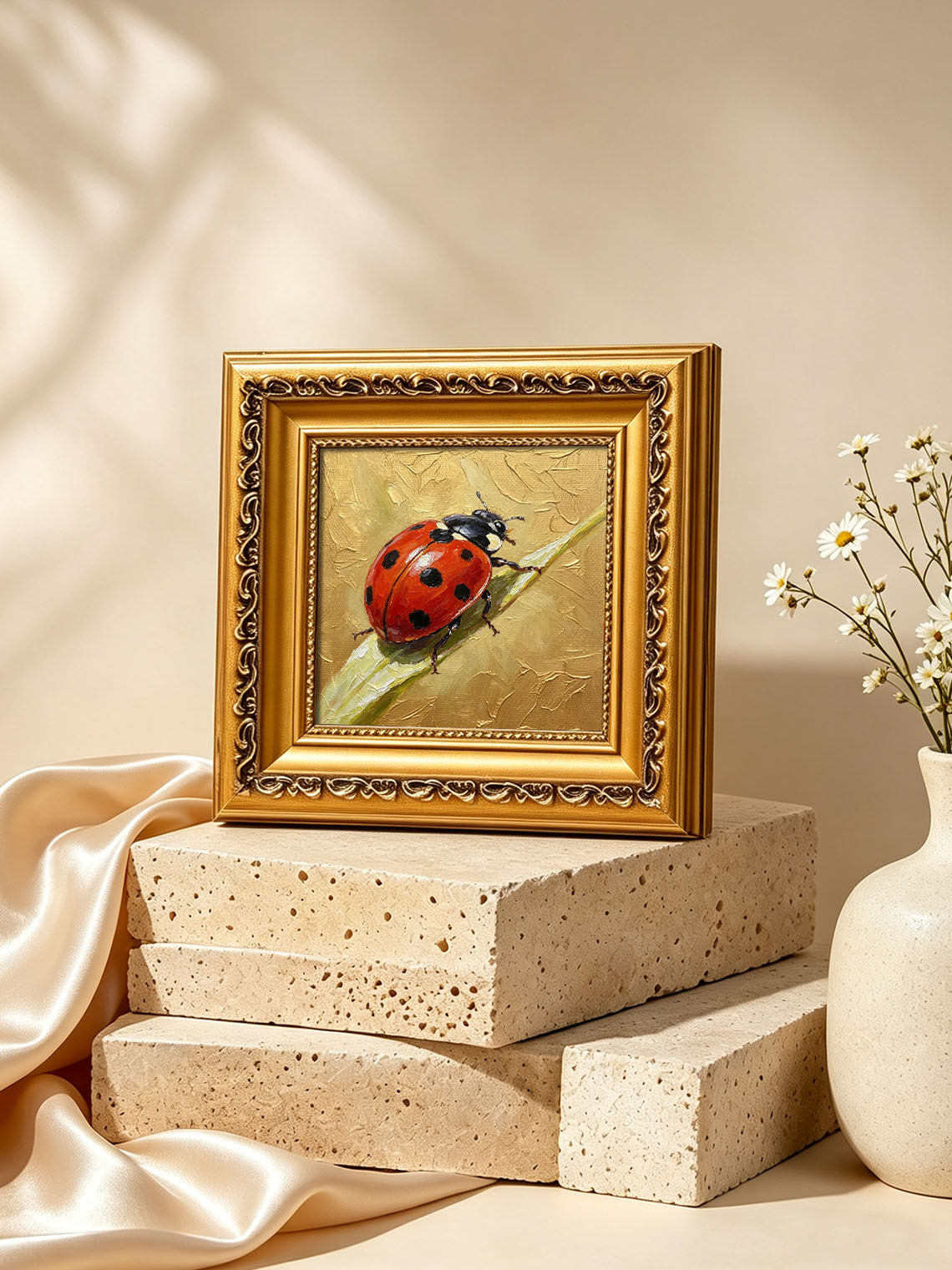 Bright Red Spotted Ladybug On Green Grass Blade Hand Painted Wall Art Custom oil painting from photo, Gift for friend，Size 4x4
