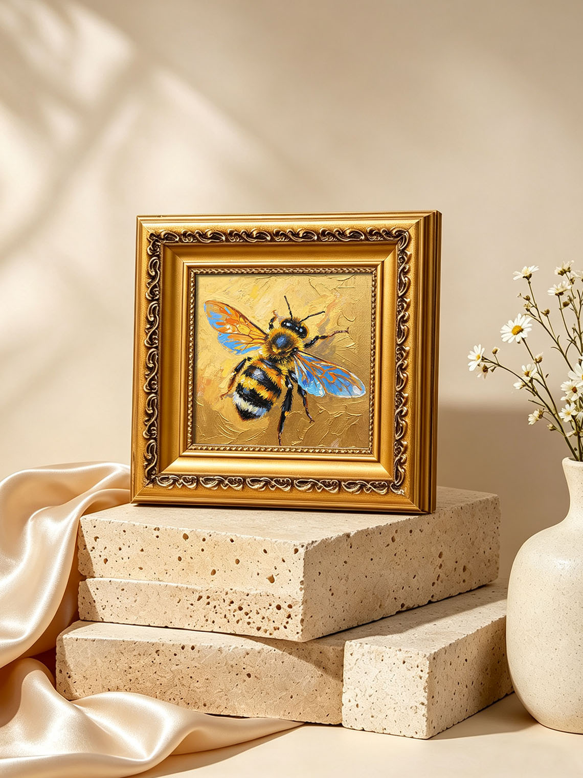 Vibrant Honeybee With Iridescent Blue Wings On Golden Background  Wall Art Custom oil painting from photo, Gift for friend，Size 4x4