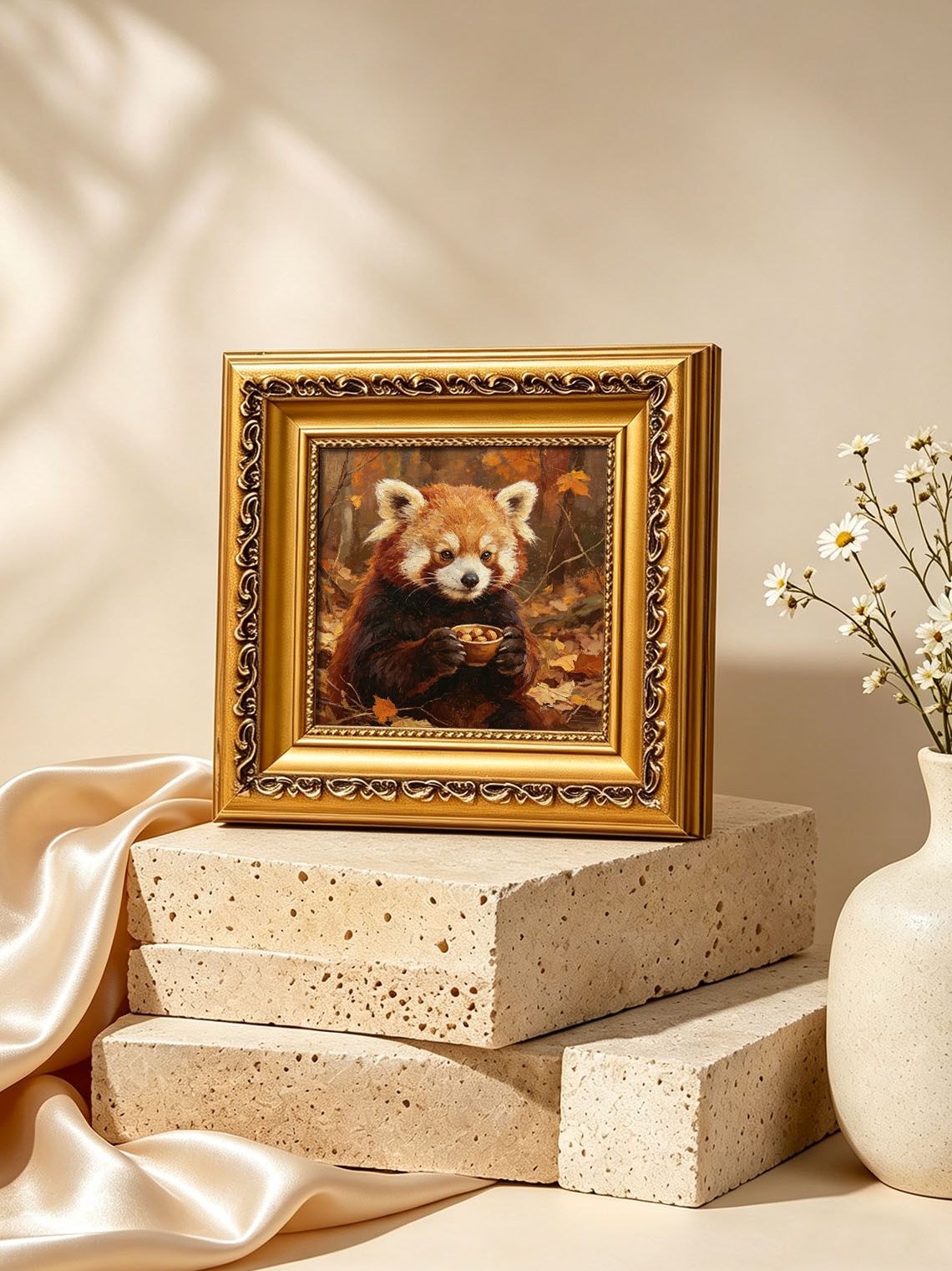 Cute Red Panda Holding Nut Bowl In Autumn Fall Forest Hand Painted Wall Art Custom oil painting from photo, Gift for friend，Size 4x4
