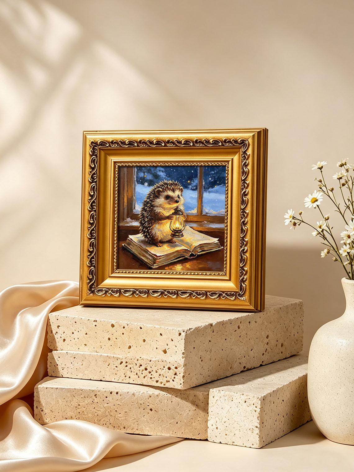 Hedgehog With Glowing Lantern Standing On Open Book By Snowy Winter Window Custom oil painting from photo, Gift for friend，Size 4x4