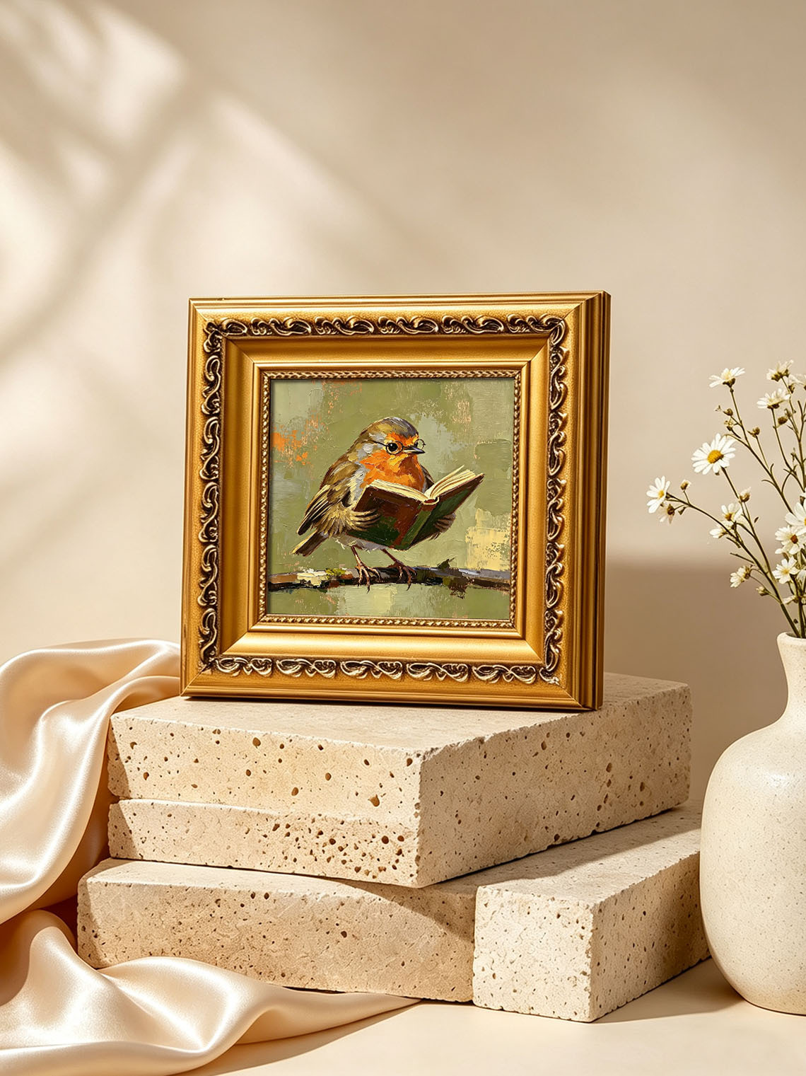 Charming Robin Bird Wearing Glasses Reading Open Book On Branch  Wall Art Custom oil painting from photo, Gift for friend，Size 4x4
