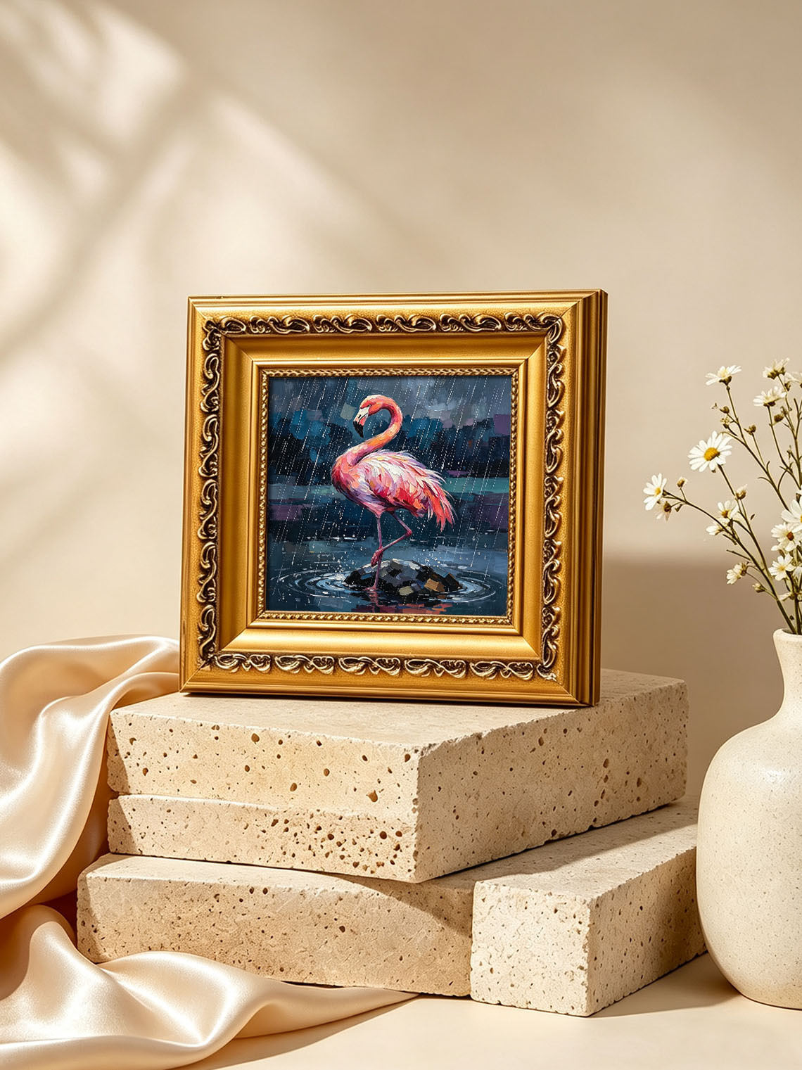 Vibrant Pink Flamingo Standing On Rock In Pouring Rain Over Dark Water  Wall Art Custom oil painting from photo, Gift for friend，Size 4x4
