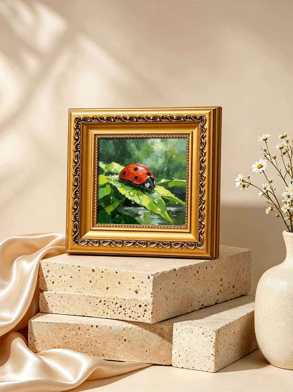 Vivid Red Ladybug On Rain‑Drenched Green Leaf In Lush Foliage Hand Painted Wall Art Custom oil painting from photo, Gift for friend，Size 4x4