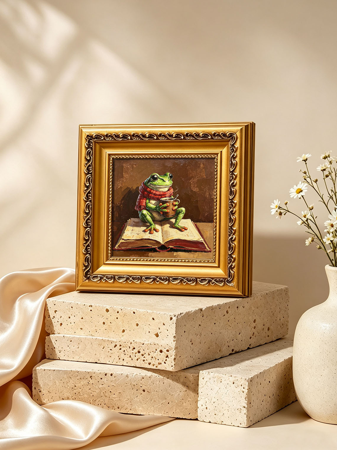 Cozy Whimsical Frog With Red Scarf Holding Hot Mug Sitting On Open Book  Wall Art Custom oil painting from photo, Gift for friend，Size 4x4