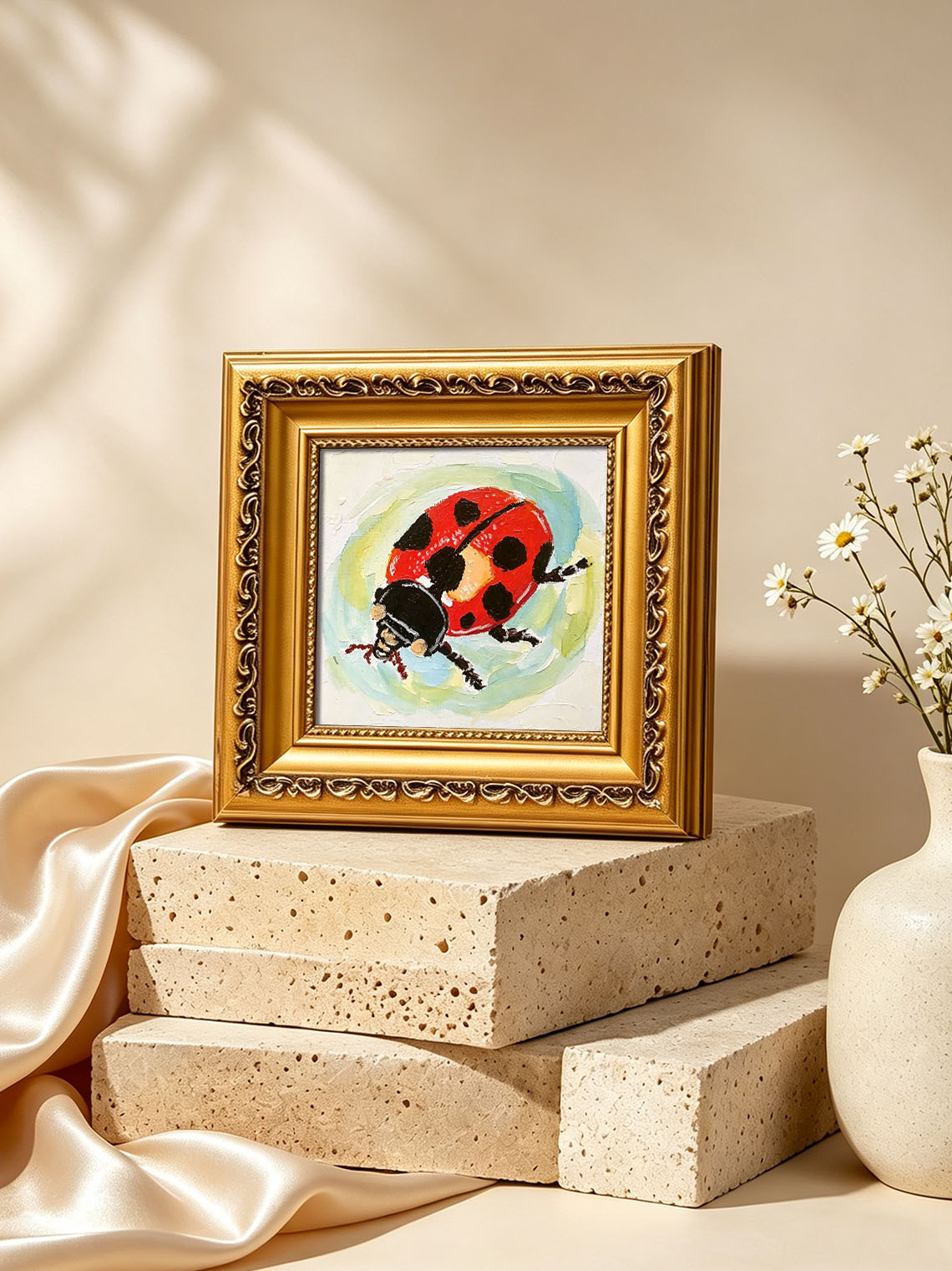 Thick Impasto Red Spotted Ladybug Textured Pastel Background Hand Painted Wall Art Custom oil painting from photo, Gift for friend，Size 4x4
