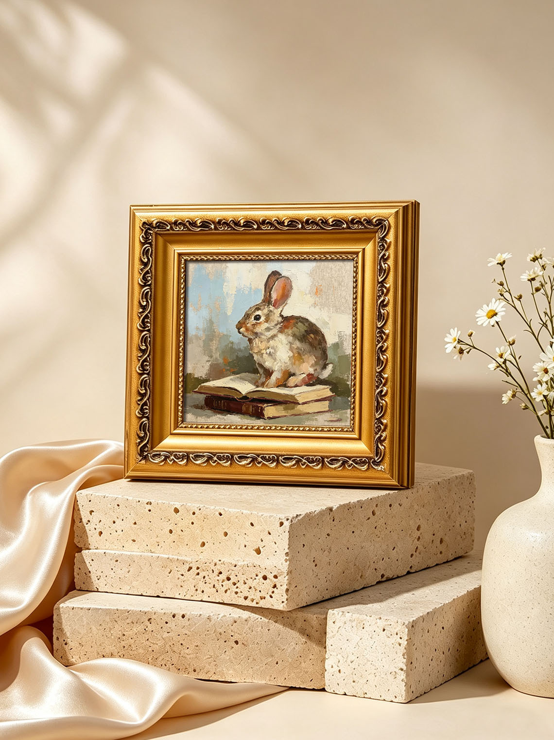 Brown Cottontail Rabbit Sitting On Stacked Old Books Soft Muted Background Custom oil painting from photo, Gift for friend，Size 4x4