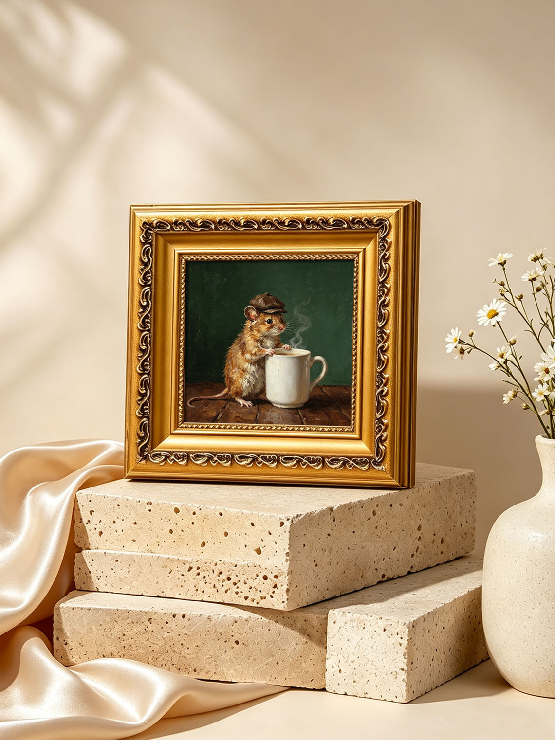 Mouse With Newsboy Cap Leaning On Steaming Coffee Mug Dark Green Background  Custom oil painting from photo, Gift for friend，Size 4x4