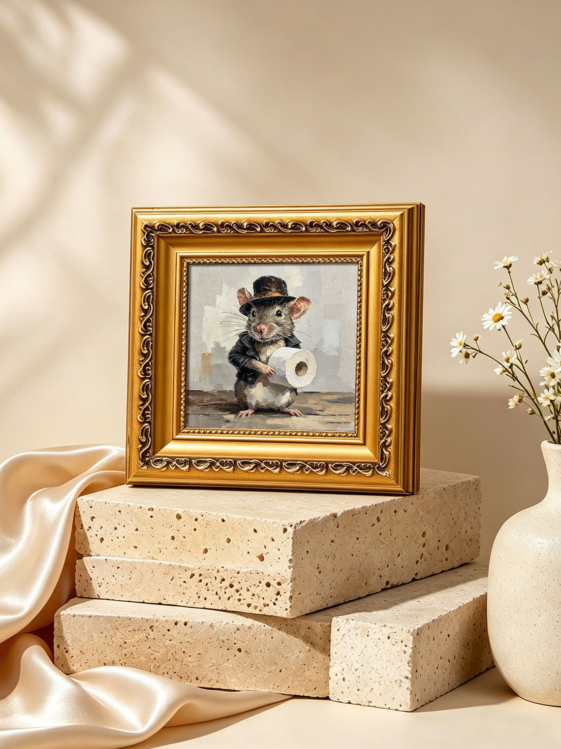 Gentleman Mouse Holding Toilet Paper Roll Neutral Textured Background Custom oil painting from photo, Gift for friend，Size 4x4