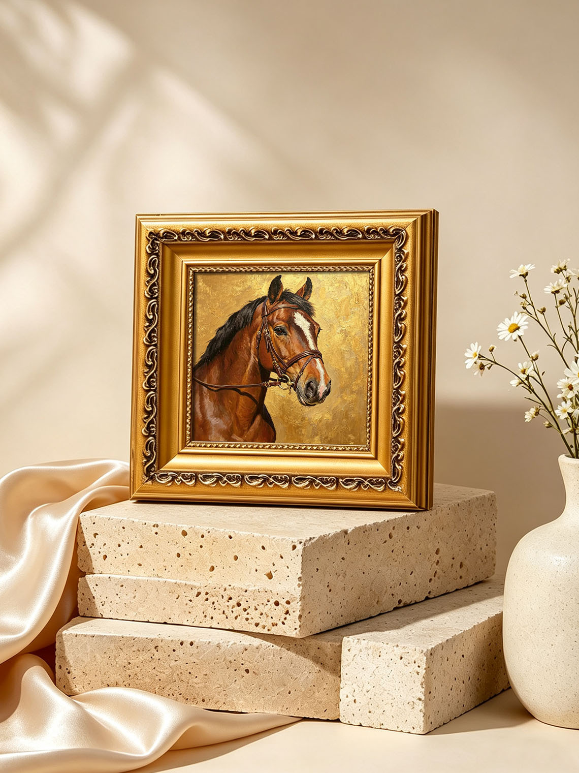 Bay Horse Portrait With Leather Bridle Textured Metallic Gold Background  Wall Art Custom oil painting from photo, Gift for friend，Size 4x4