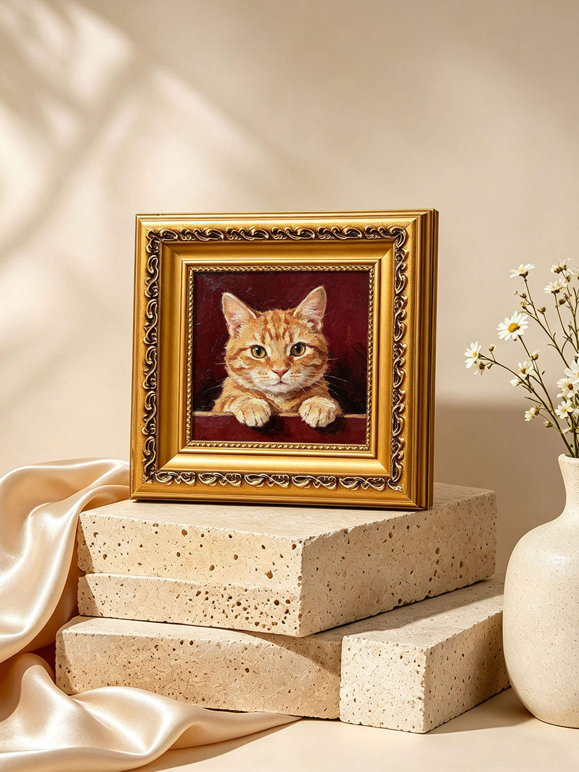 Ginger Tabby Cat Portrait Paws Resting On Edge Deep Burgundy Textured Background  Custom oil painting from photo, Gift for friend，Size 4x4