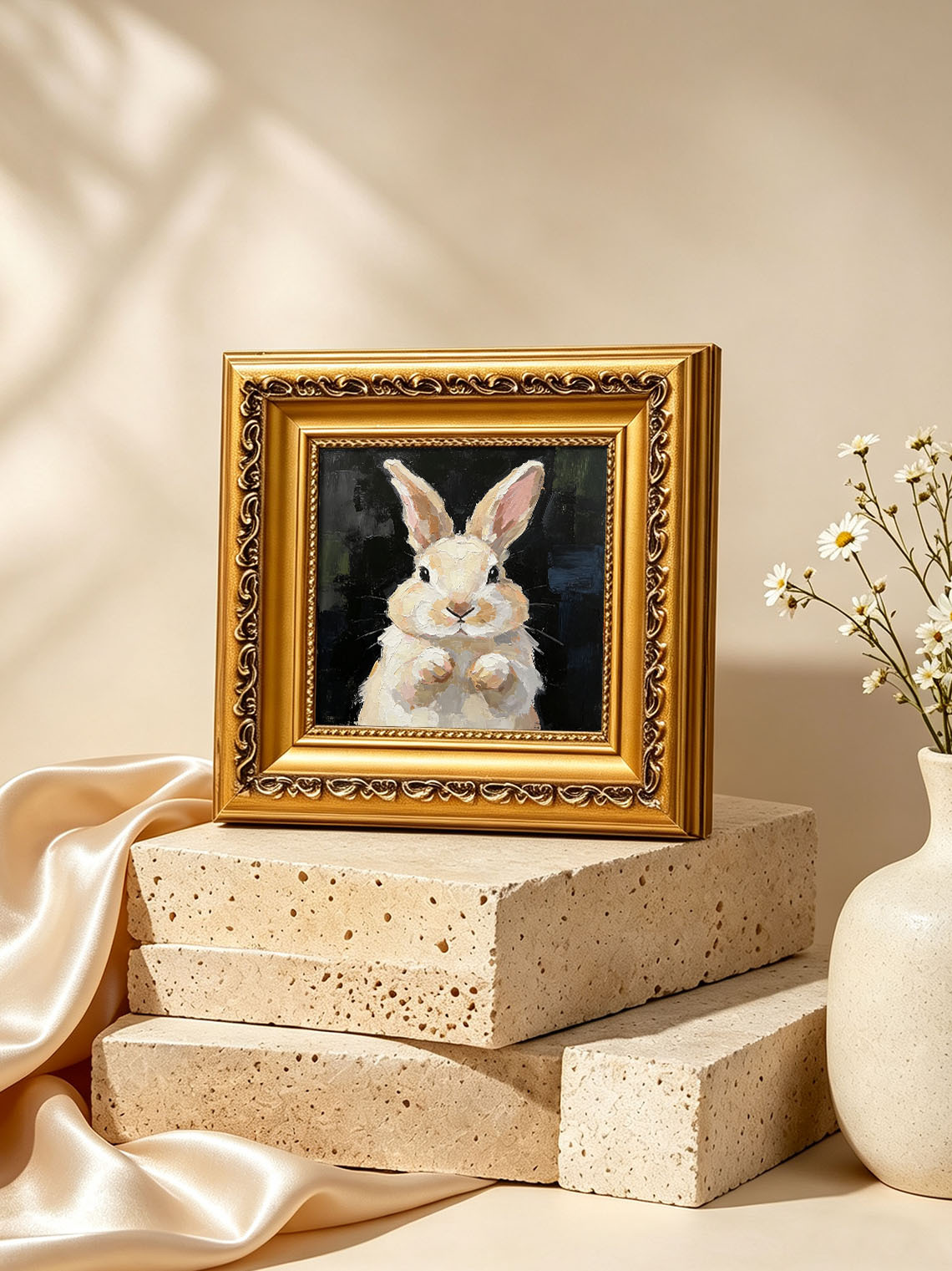 Thick Impasto Light Cream Bunny Portrait Paws Up Dark Moody Textured Background  Custom oil painting from photo, Gift for friend，Size 4x4