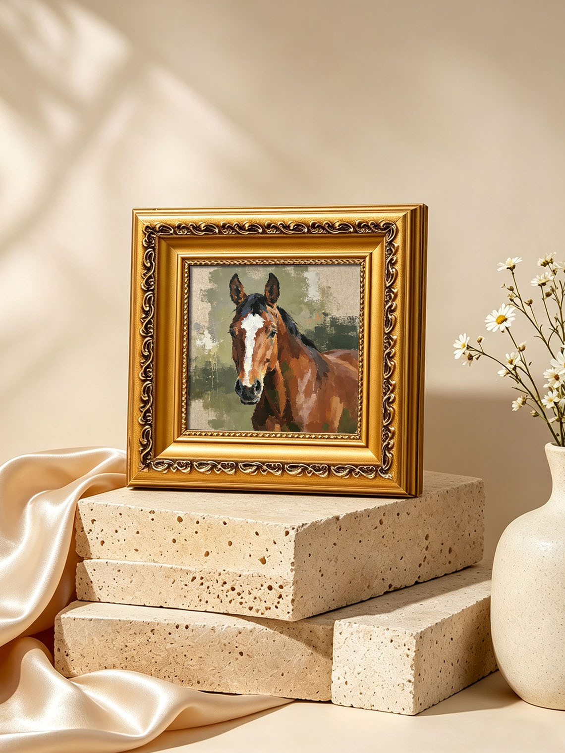 Bay Horse Portrait With White Blaze Muted Sage Green Textured Linen Background  Custom oil painting from photo, Gift for friend，Size 4x4