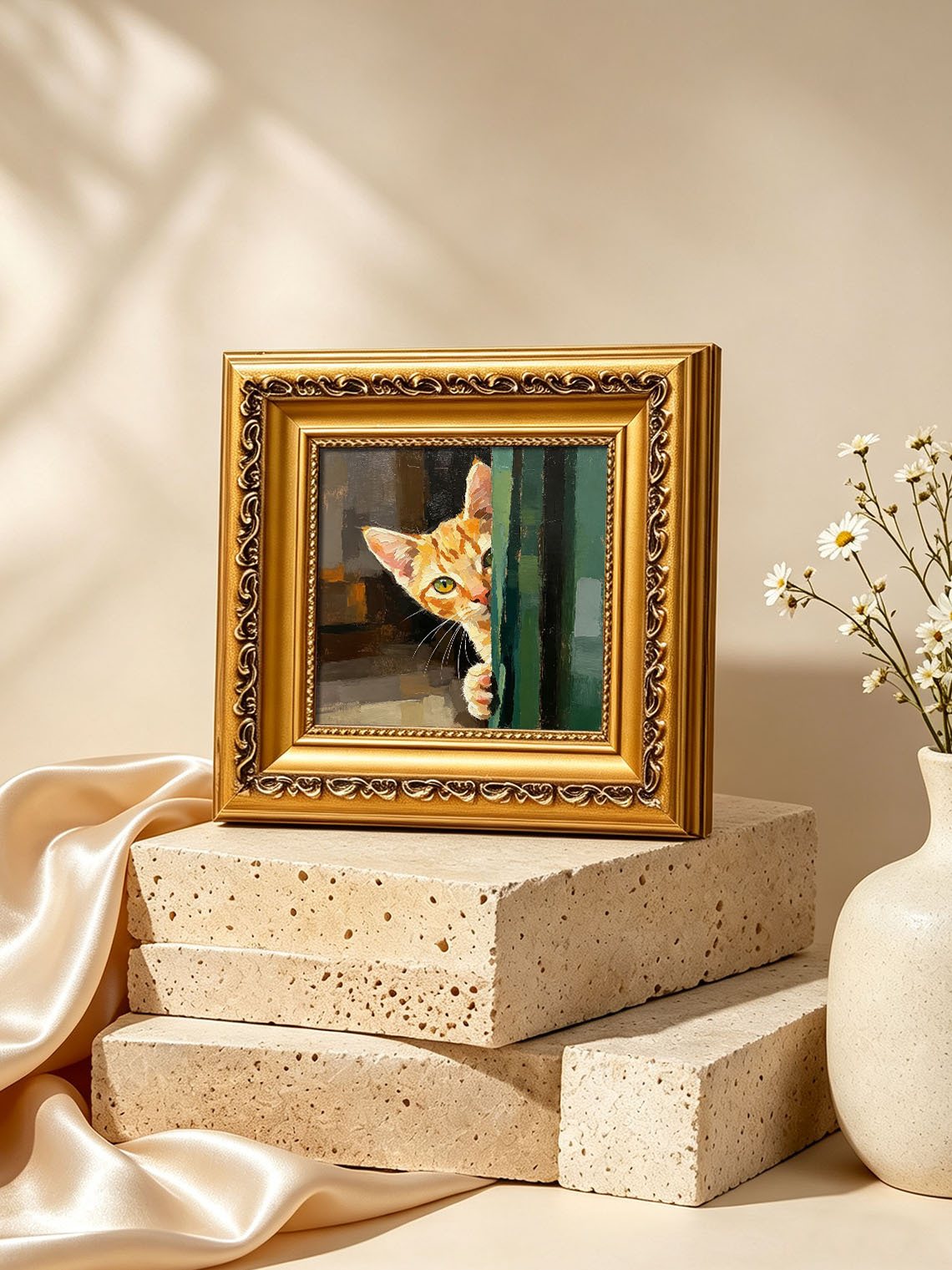 Tabby Kitten Peeking Around Green Door Bold Textured Warm Earth‑Tone Background  Custom oil painting from photo, Gift for friend，Size 4x4