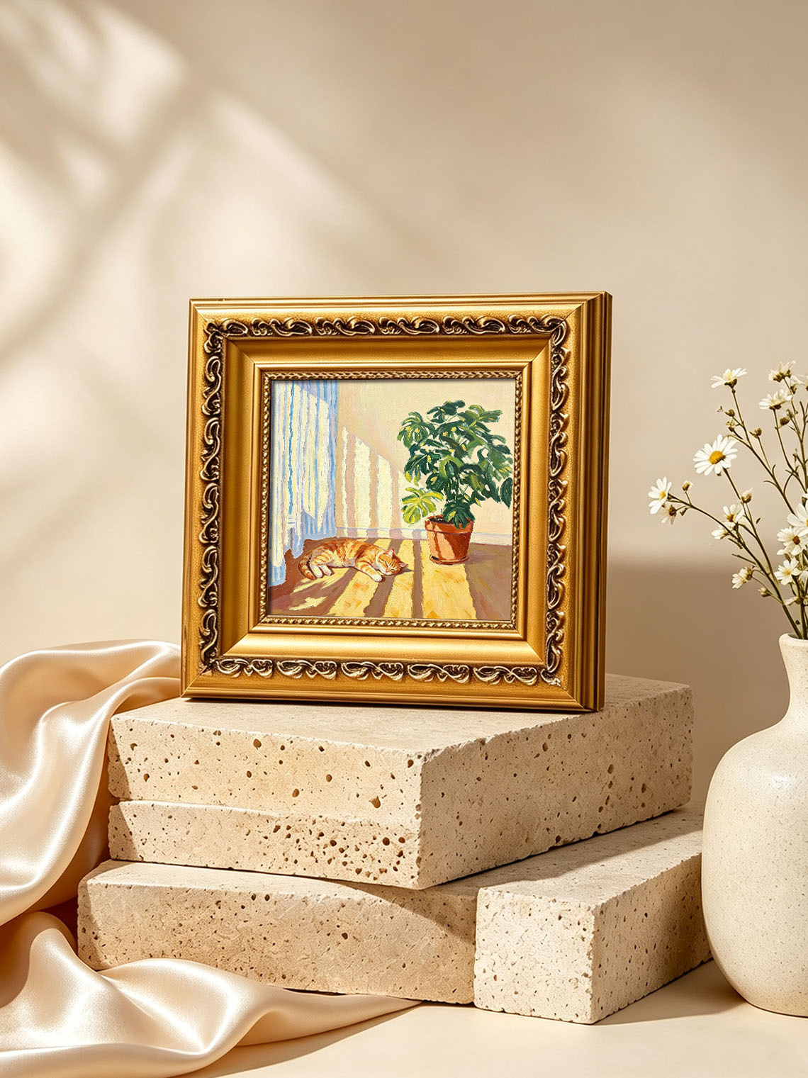 Sleeping Ginger Cat Sunlit Indoor Scene With Monstera Plant Bright Oil Painting Custom oil painting from photo, Gift for friend，Size 4x4