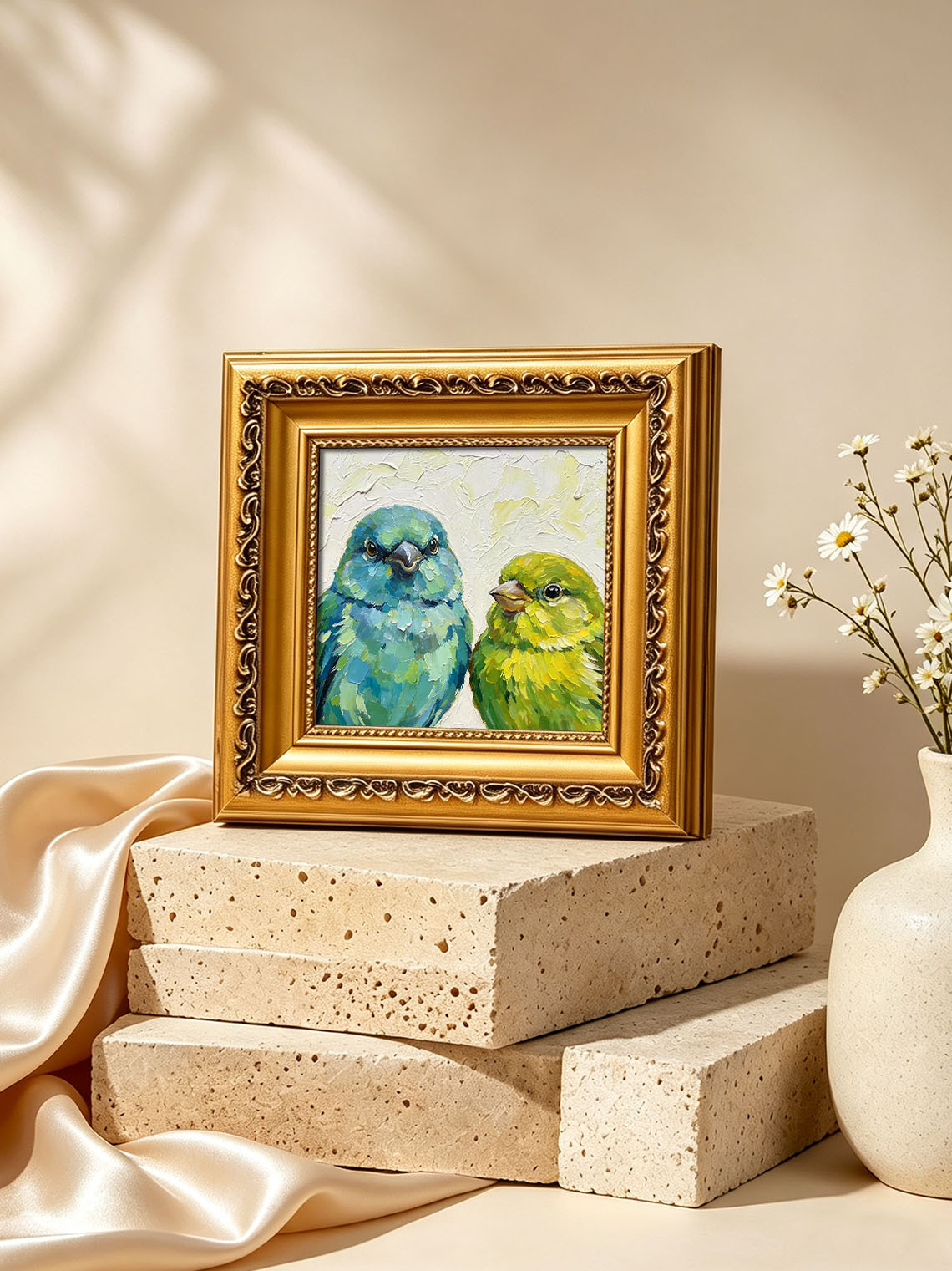 Pair Of Parrotlets Portrait Bold Oil Painting Soft Off‑White Textured Background  Custom oil painting from photo, Gift for friend，Size 4x4