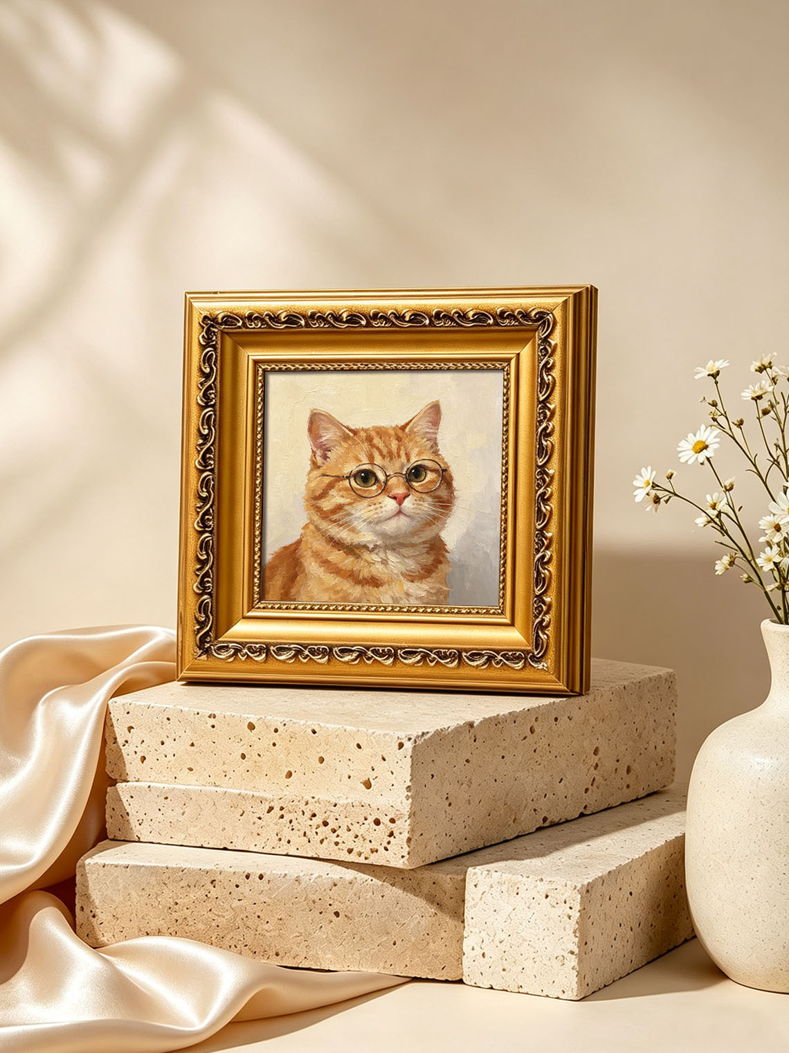 Ginger Tabby Cat Wearing Glasses Oil Painting Soft Cream Textured Background Custom oil painting from photo, Gift for friend，Size 4x4