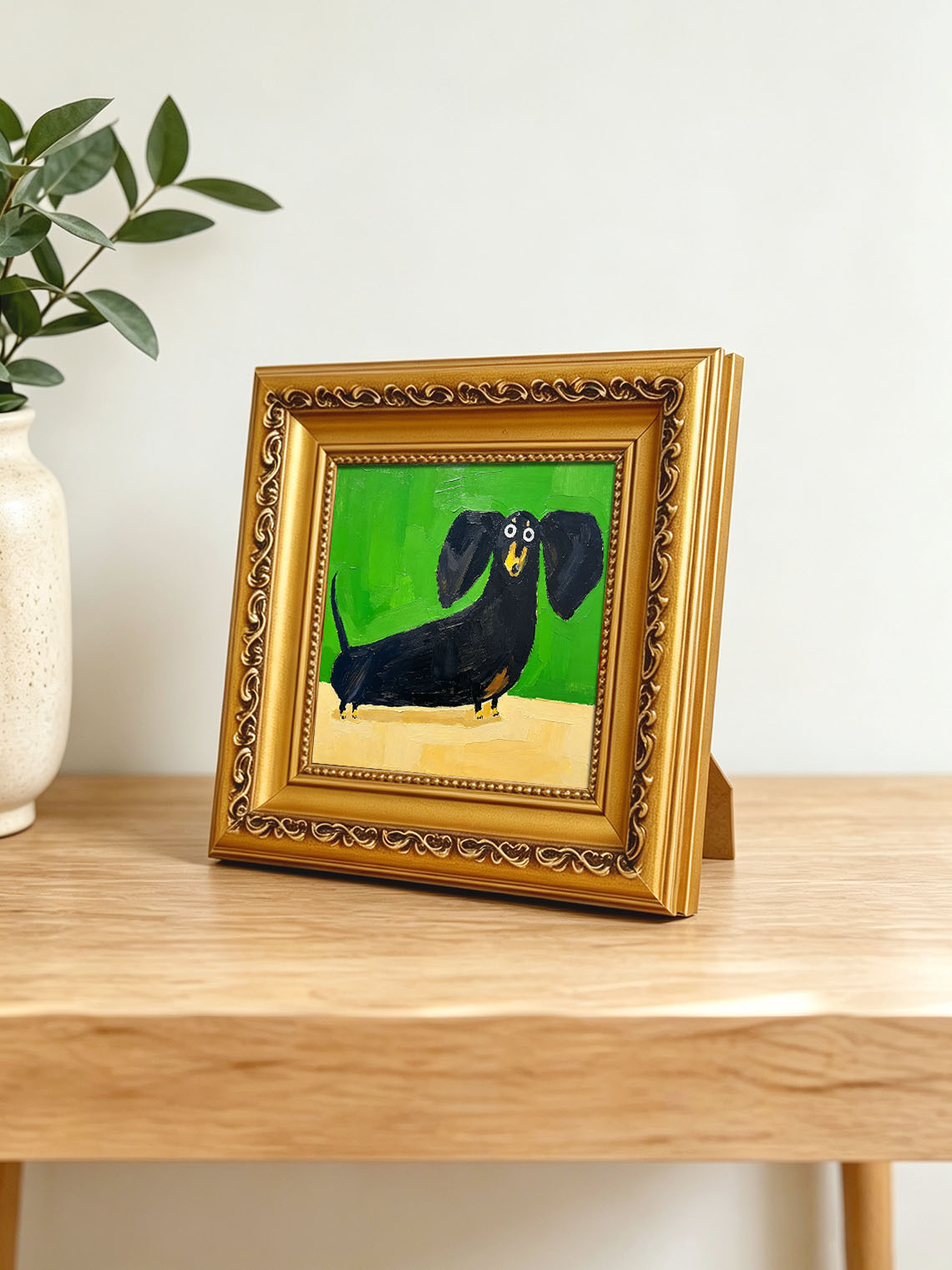 Cute Black Dachshund custom oil painting from photo, gift for friend, Size 4"×4"