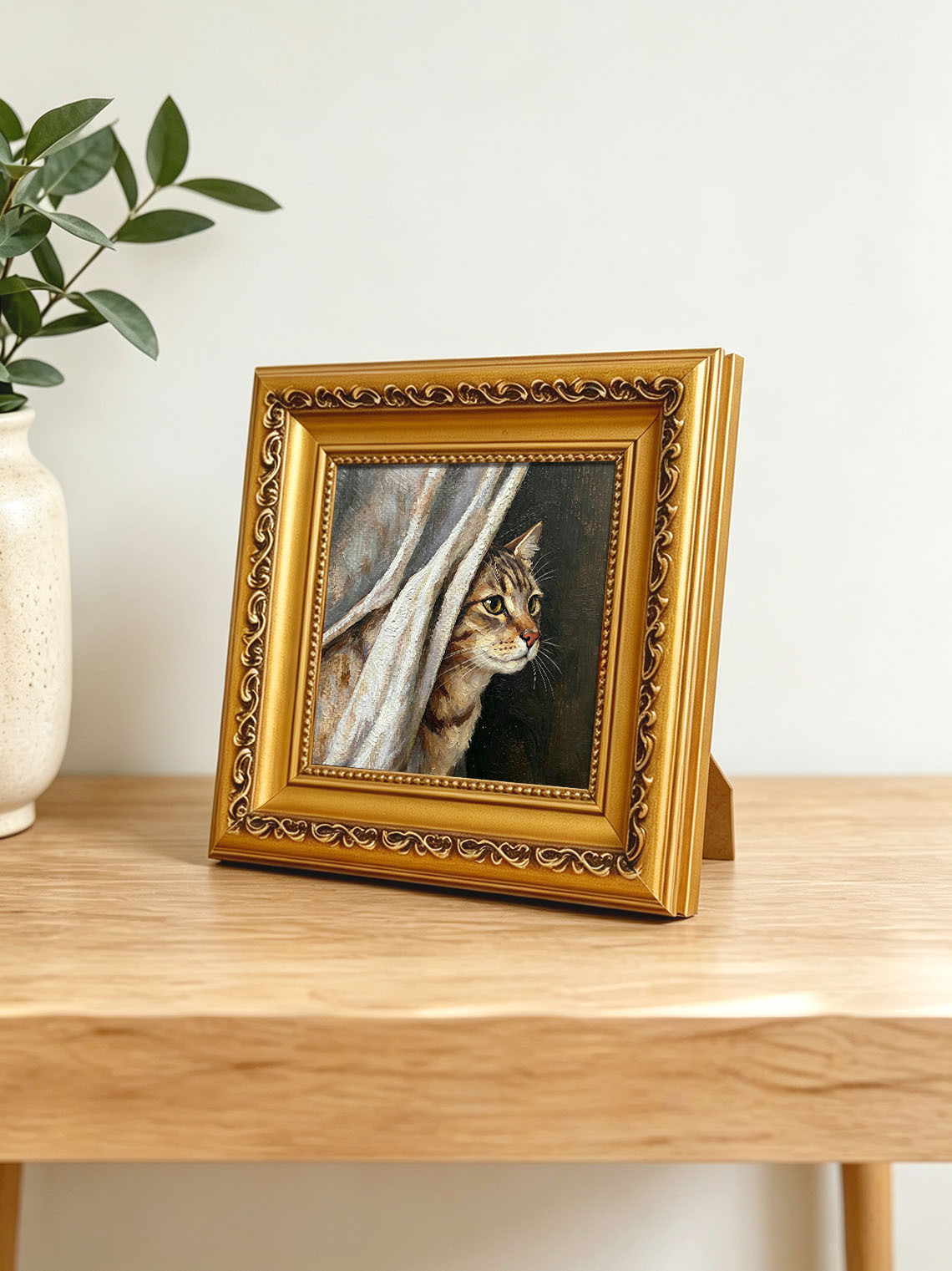 Tabby Cat Behind Curtain custom oil painting from photo, gift for friend, Size 4"×4"
