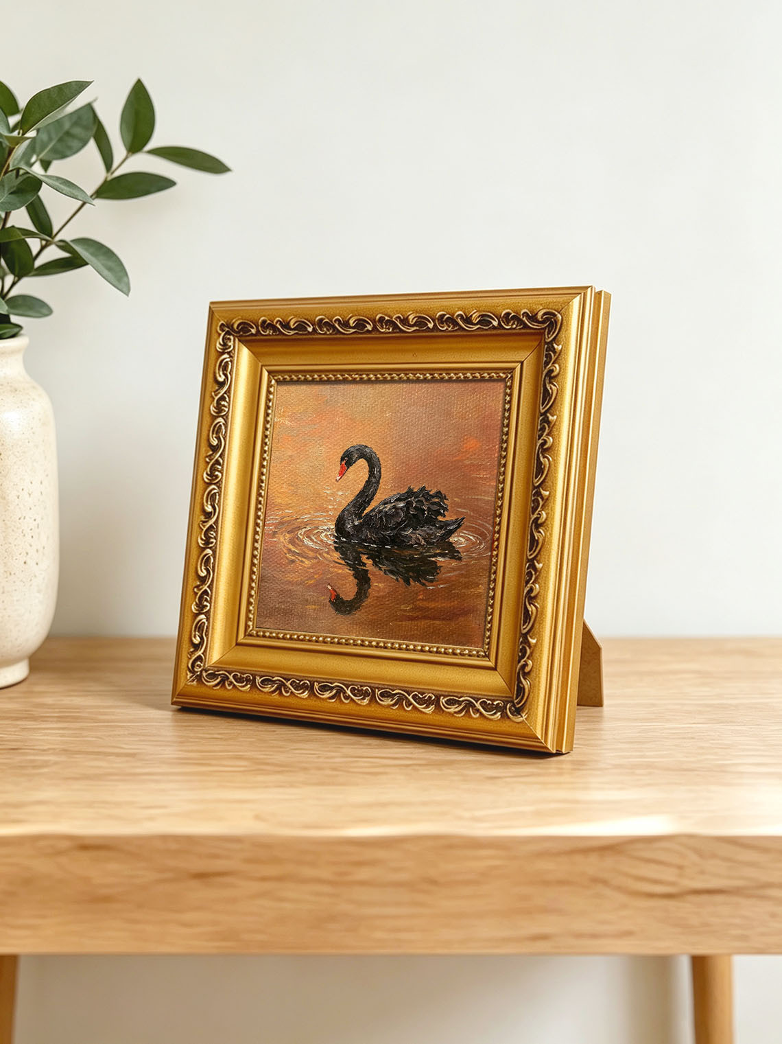 Black Swan Water Scene custom oil painting from photo, gift for friend, Size 4"×4"