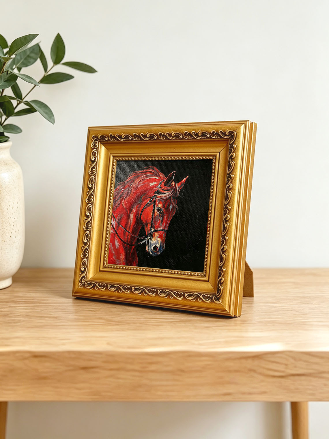 Red Horse Head Portrait custom oil painting from photo, gift for friend, Size 4"×4"