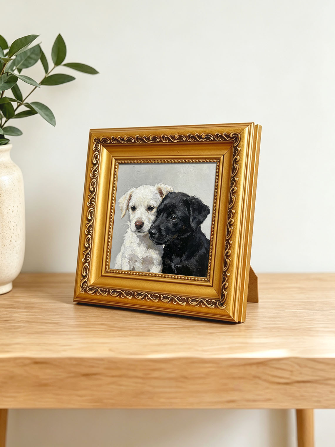 Two Puppies Black White custom oil painting from photo, gift for friend, Size 4"×4"