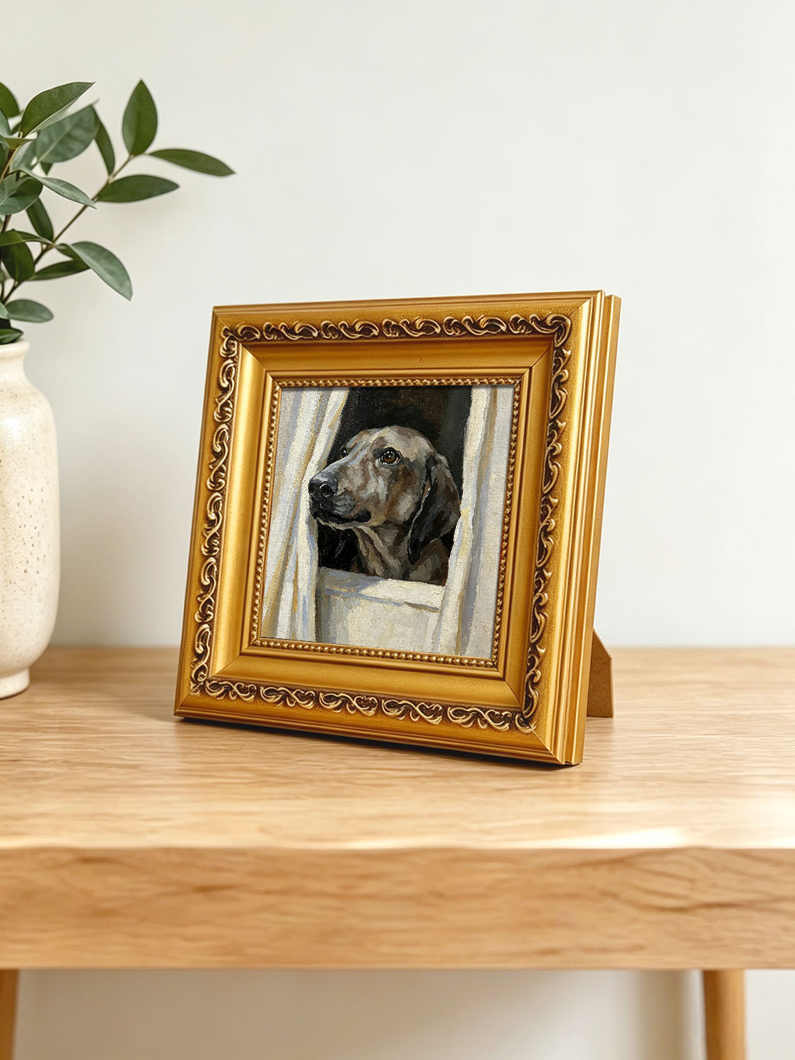 Dog Peeking Through Window custom oil painting from photo, gift for friend, Size 4"×4"