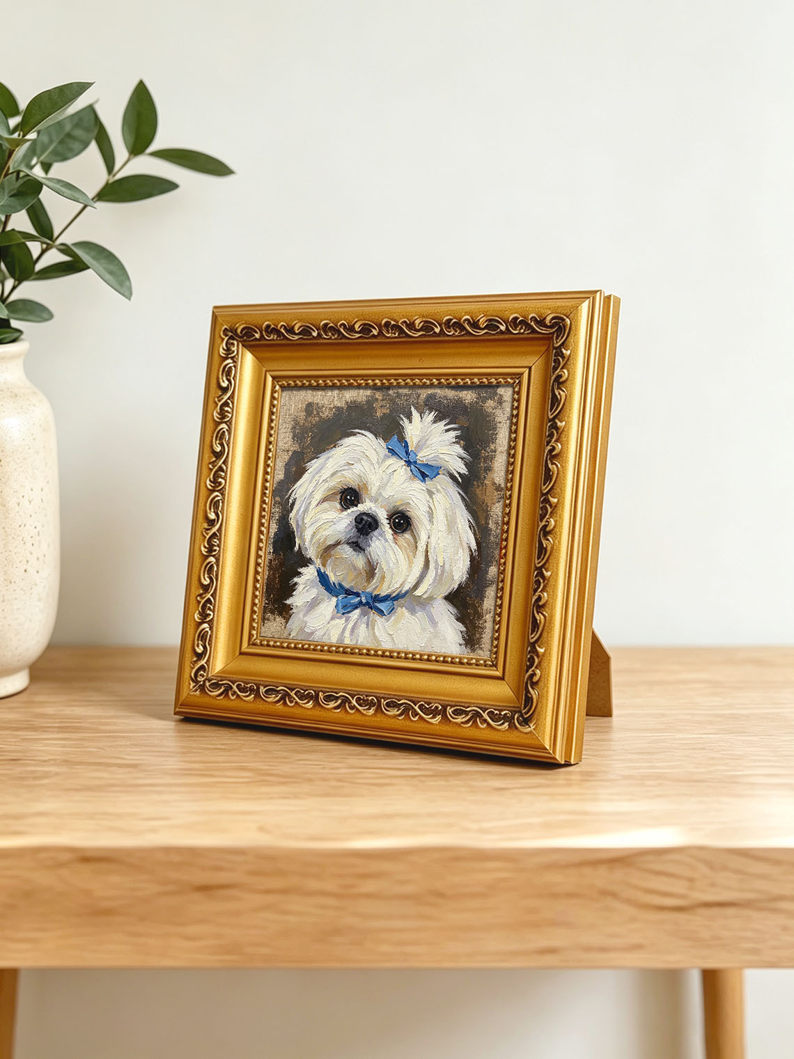 Maltese Dog With Blue Bows custom oil painting from photo, gift for friend, Size 4"×4"