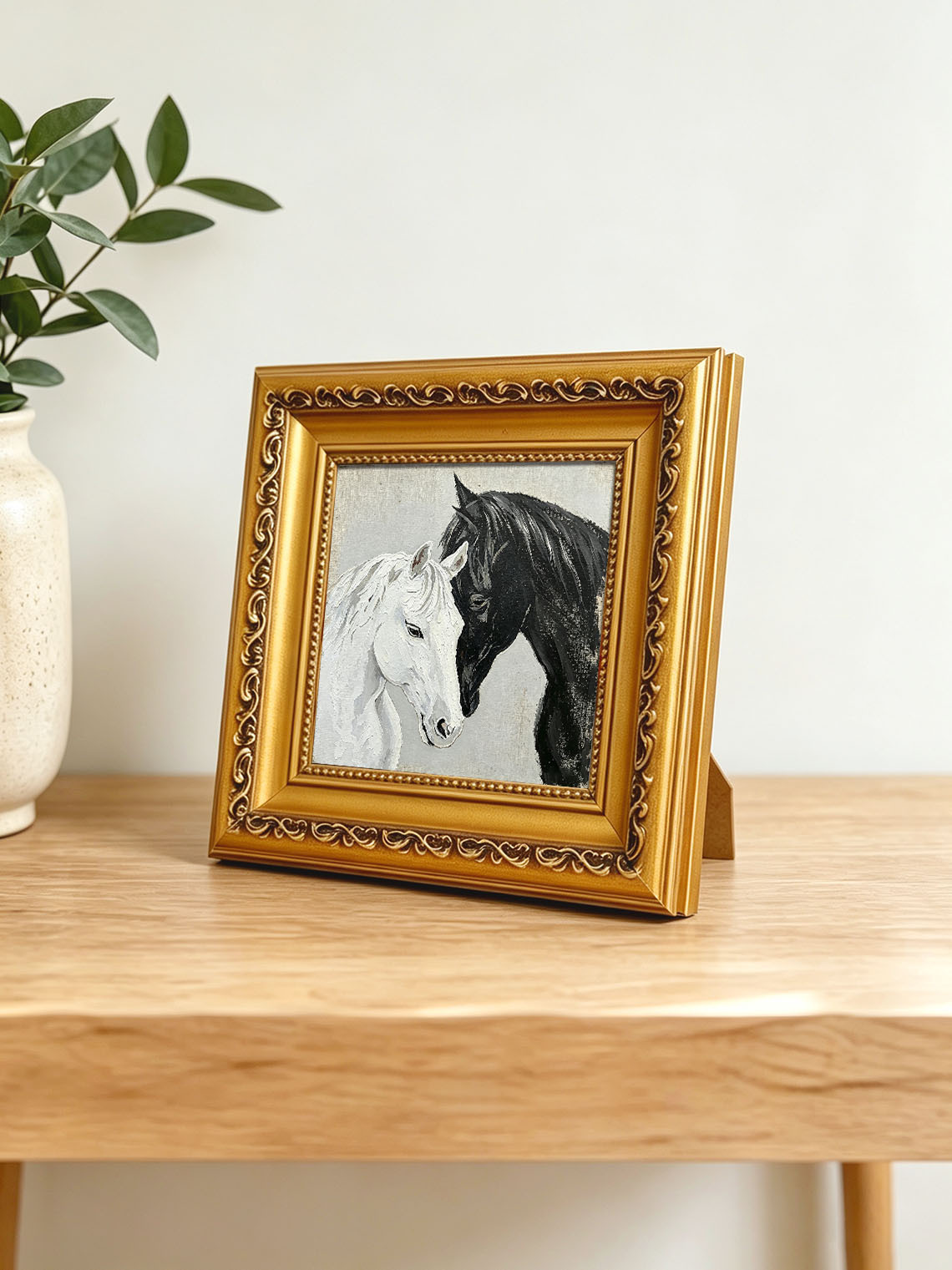 Two Horses Black White custom oil painting from photo, gift for friend, Size 4"×4"