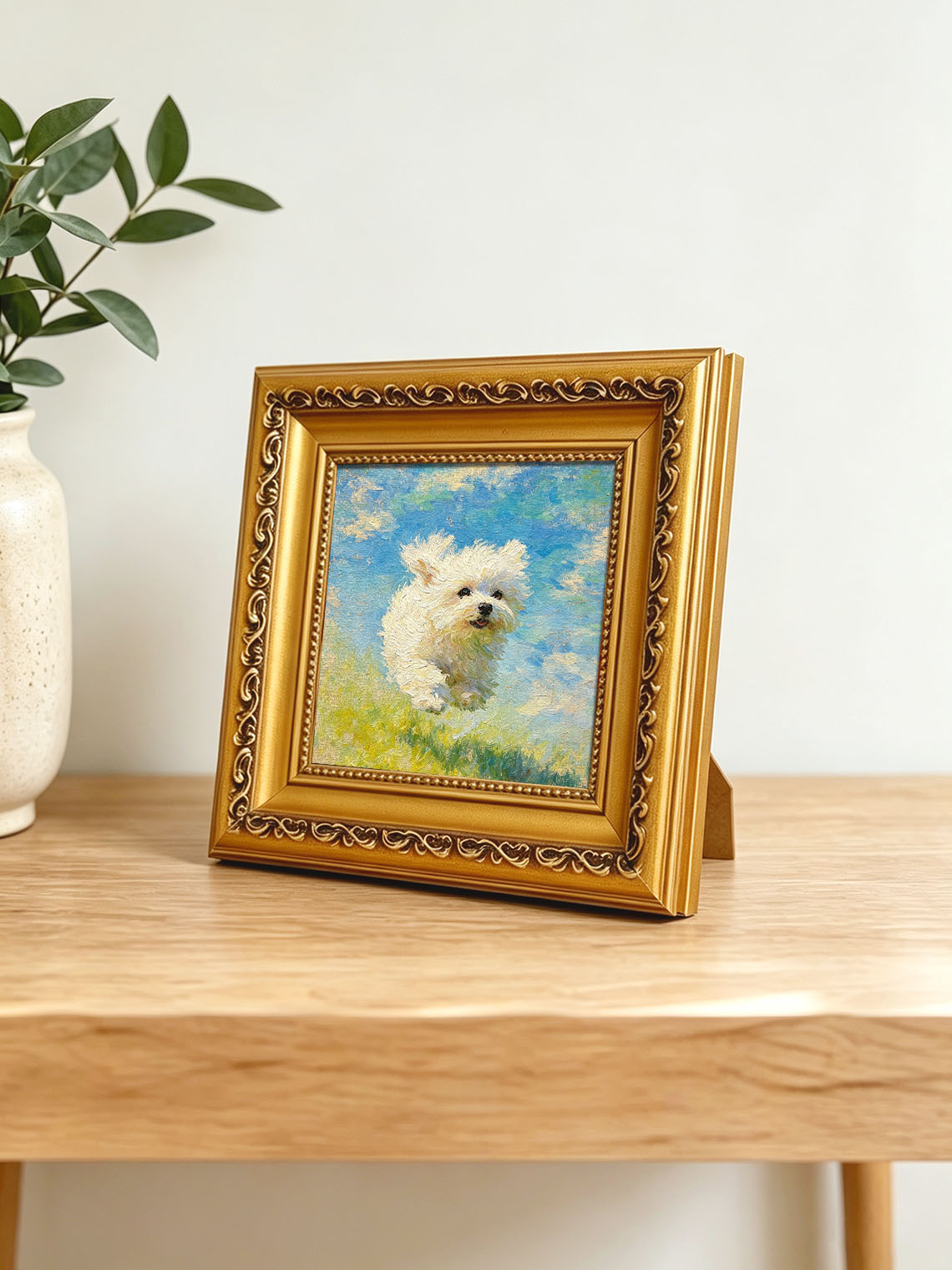 Running White Puppy custom oil painting from photo, gift for friend, Size 4"×4"