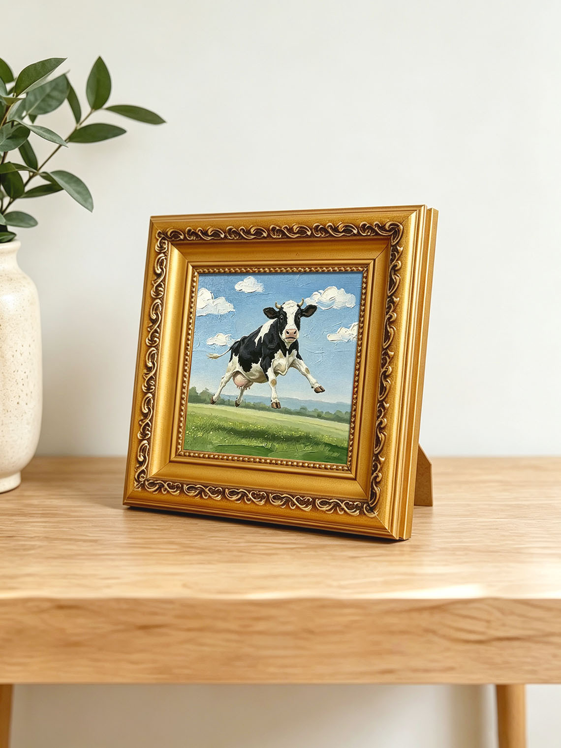 Jumping Farm Cow Hand Painted Wall Art Custom oil painting from photo, Gift for friend，Size 4x4