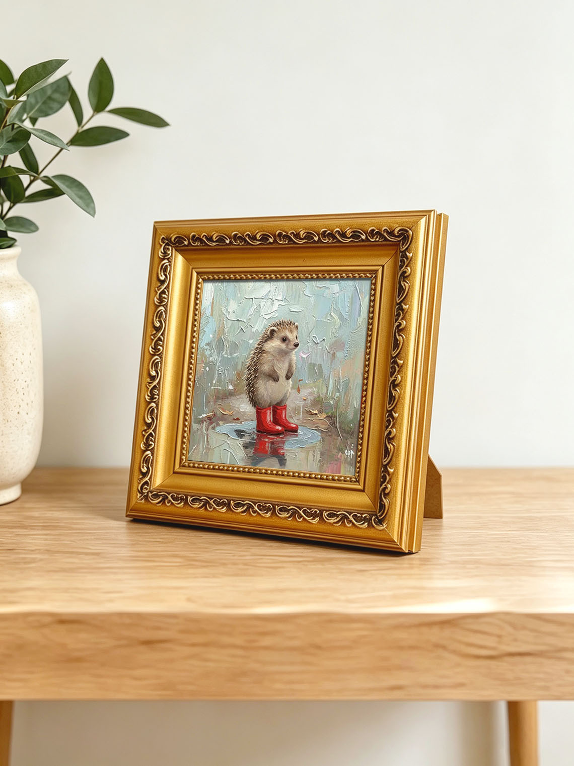 Cute Hedgehog In Red Rain Boots Hand Painted Wall Art Custom oil painting from photo, Gift for friend，Size 4x4