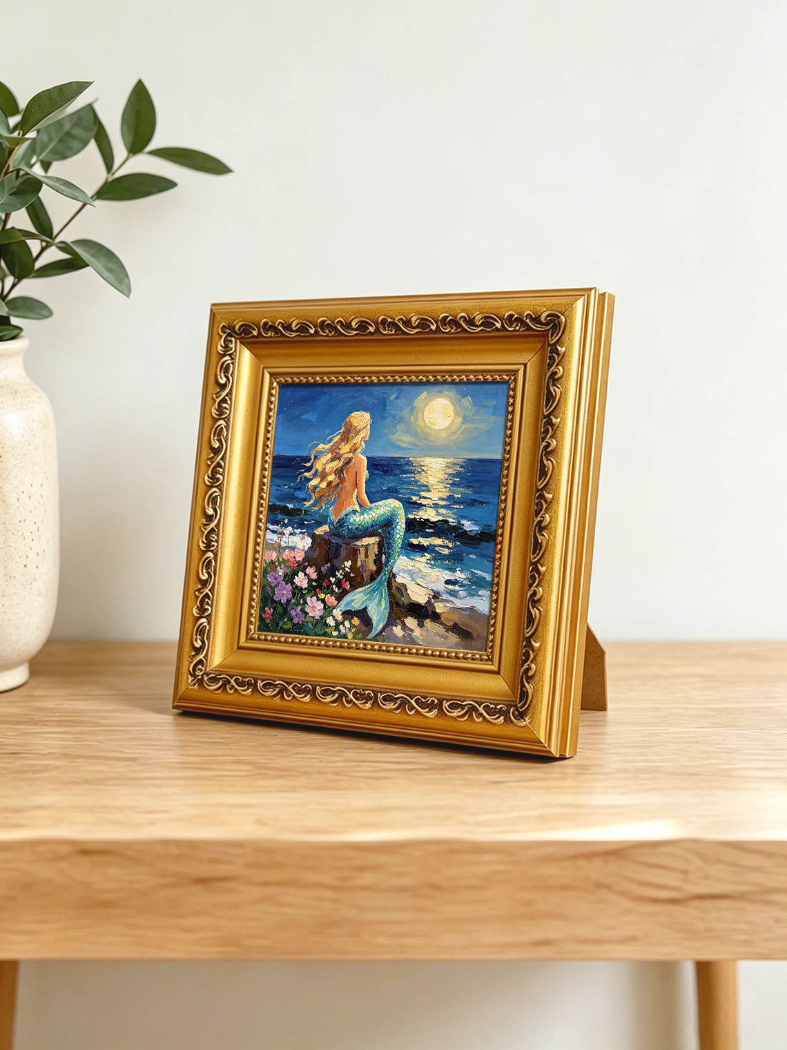 Moonlit Ocean Mermaid Hand Painted Wall Art Custom oil painting from photo, Gift for friend，Size 4x4