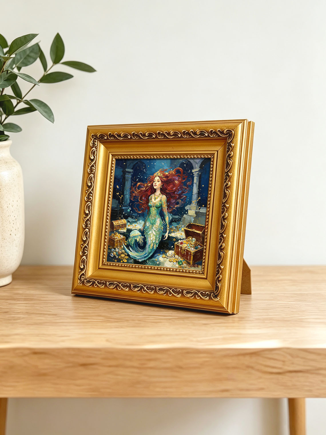 Red‑Haired Mermaid With Underwater Treasure Hand Painted Wall Art Custom oil painting from photo, Gift for friend，Size 4x4