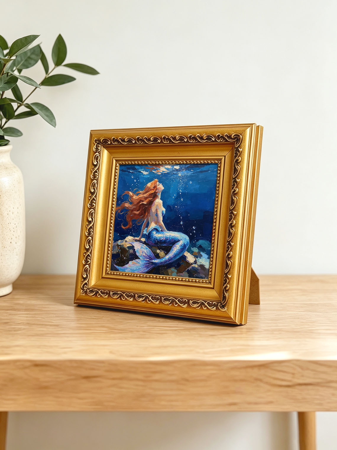 Underwater Red‑Haired Mermaid On Rocks Hand Painted Wall Art Custom oil painting from photo, Gift for friend，Size 4x4