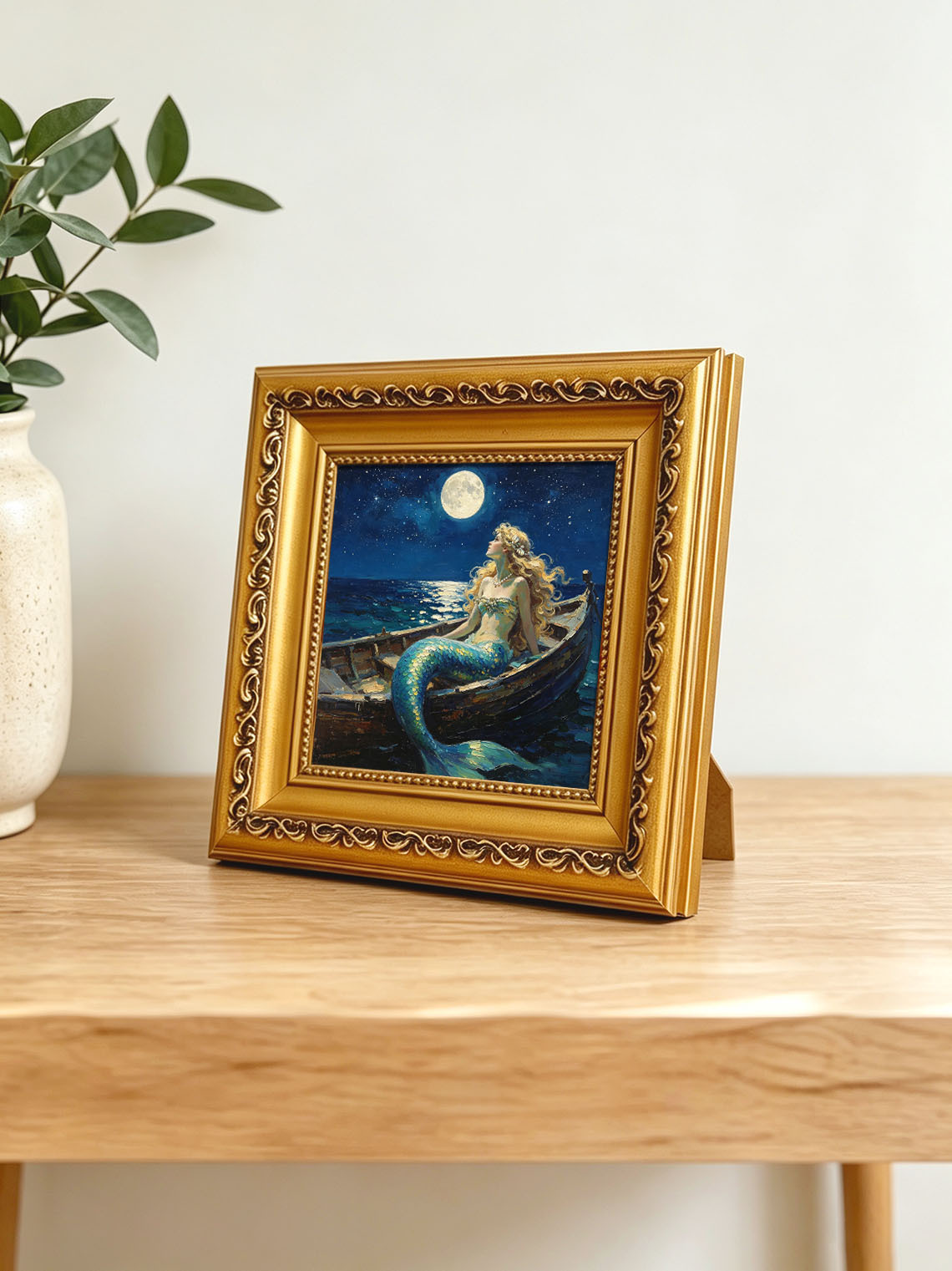 Moonlit Ocean Mermaid In Wooden Boat Hand Painted Wall Art Custom oil painting from photo, Gift for friend，Size 4x4
